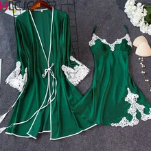 Для женщин халат и Свободная Домашняя одежда Набор сексуальная шелковая кружевная Пижама с длинным рукавом женская одежда для сна банный халат, Детское Белье для сна с груди колодки