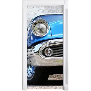 

Self Adhesive Blue Car Renew Home Decor 3d Door Sticker Cute Print Art Waterproof Paper Mural Wardrobe Renovation Decal Picture