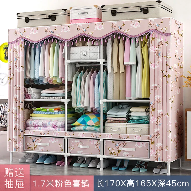 Steel Pipe Thickened Wardrobe Simple Cloth Wardrobe Rental Room Home All Steel Frame Cloth Cabinet Hanging Clothes Cabinet - Цвет: Розовый
