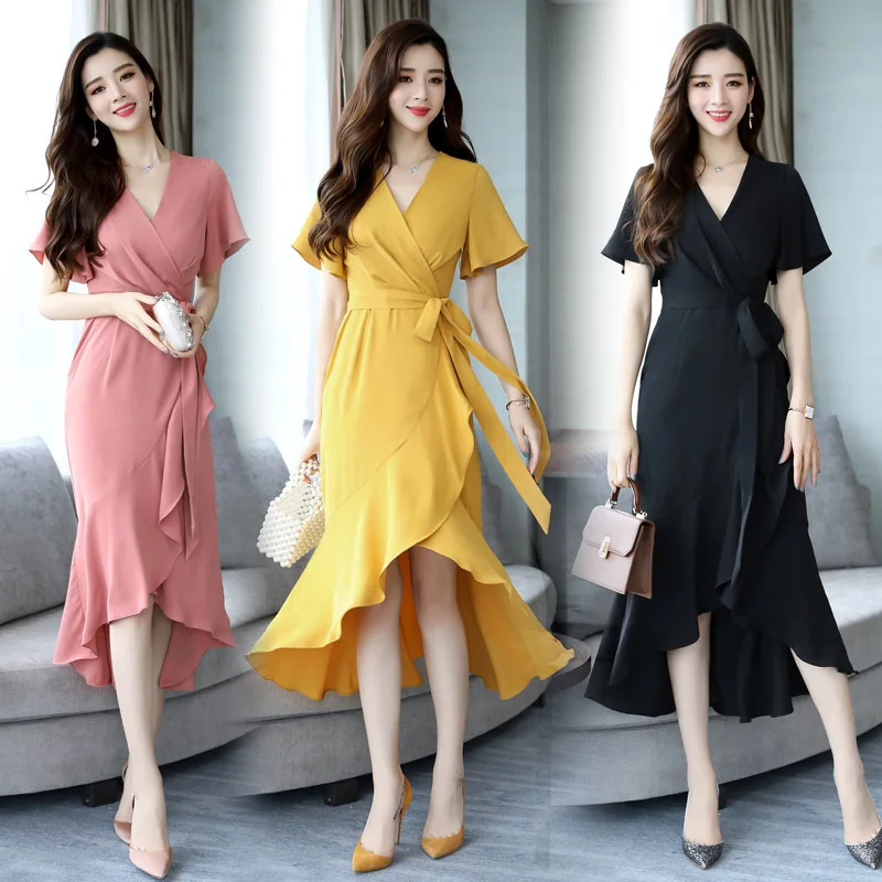 

2019 Summer Wear New Style Feminine Skirt Elegant Goddess-Style Clothes Debutante Graceful Slit Repeatedly Clothing