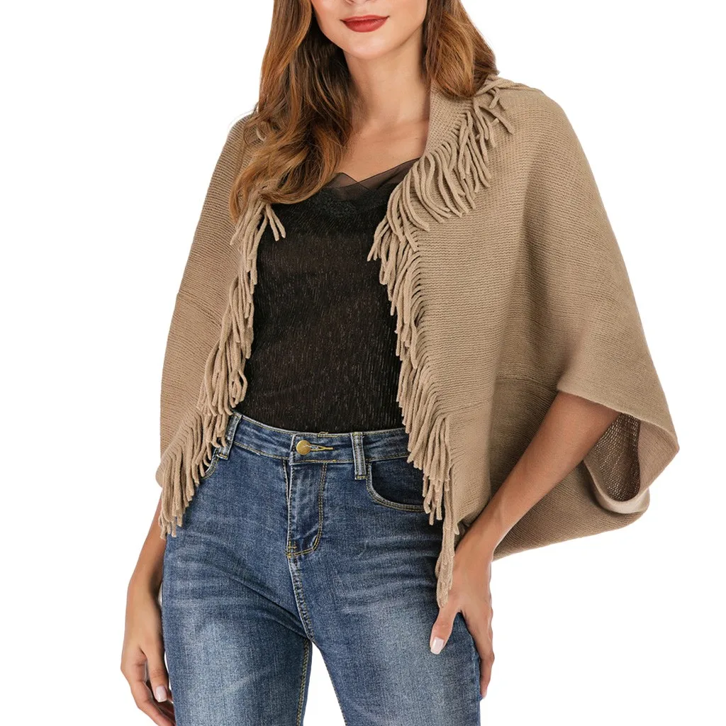 

Solid Tassel Loose Knitted Sweater Casual Winter Cover Up Cloak Top Women Lazy Half Batwing Sleeve Cardigan Maglioni Donna#Y3
