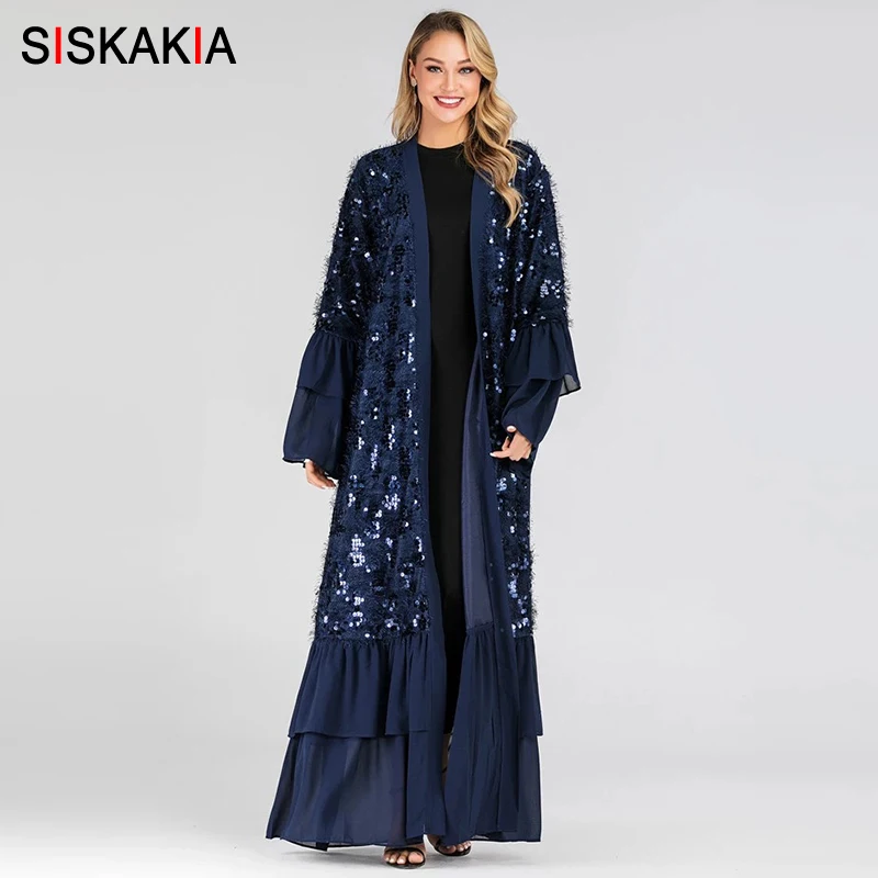 Siskakia мусульманское кимоно, роскошная плюшевая шифоновая абайя с блестками и рюшами, расклешенная рукав, Лоскутная турецкая исламская одежда