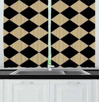 

Charcoal Grey Khaki Bohemian Vintage Kitchen Curtains Monochromatic Repeating Diamond Shaped Squares Composition Window Drapes