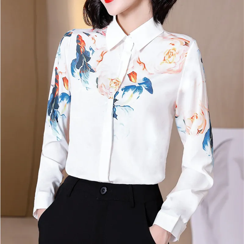 Silk Women Shirts Blouses Satin Floral Long Sleeve Blouse Printing Button Up Shirt 2022 Fashion Office Lady Clothing Ladies Tops