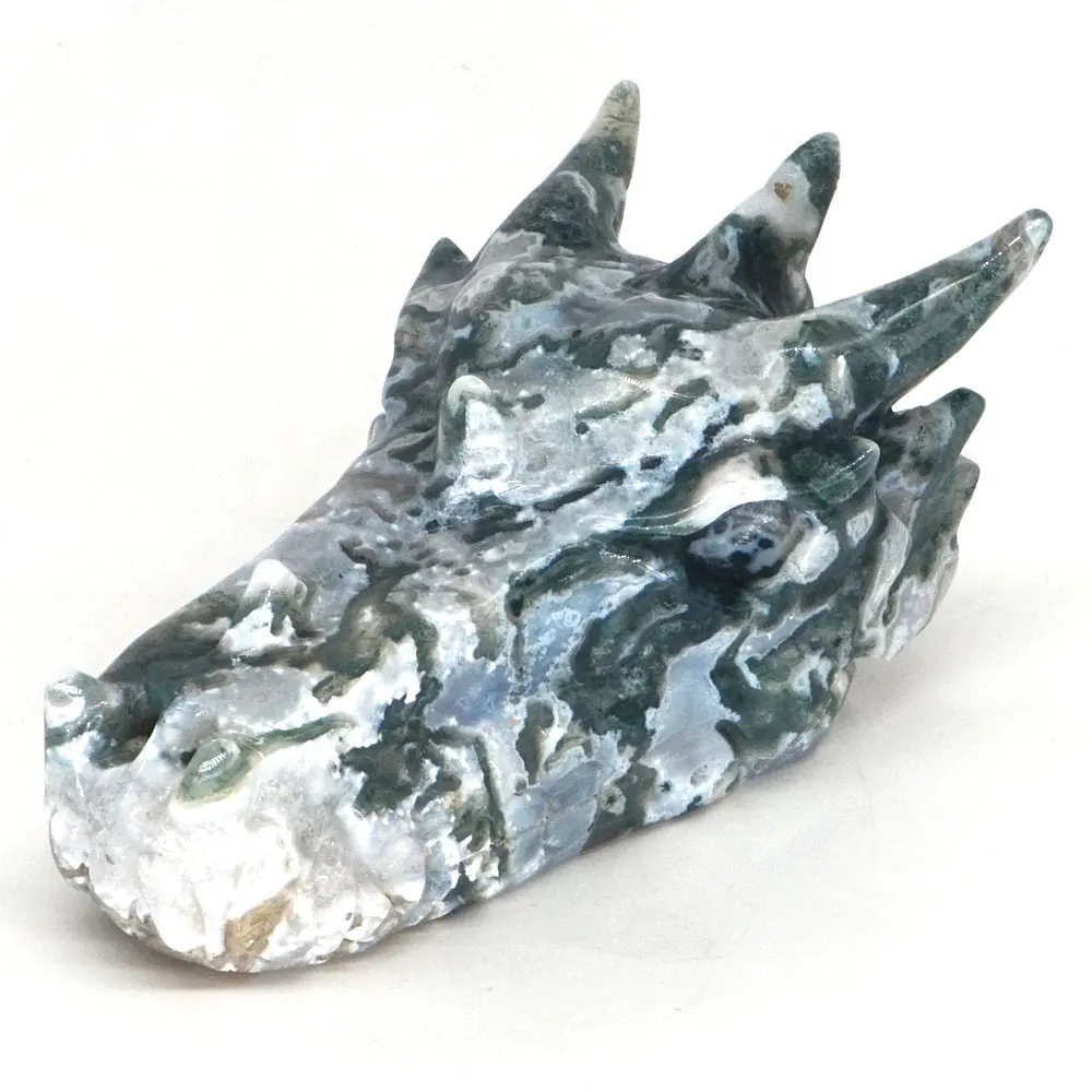 

4.9" Dragon Skull Figurine Green Moss Agate Carved Crystal Healing Statue Decor