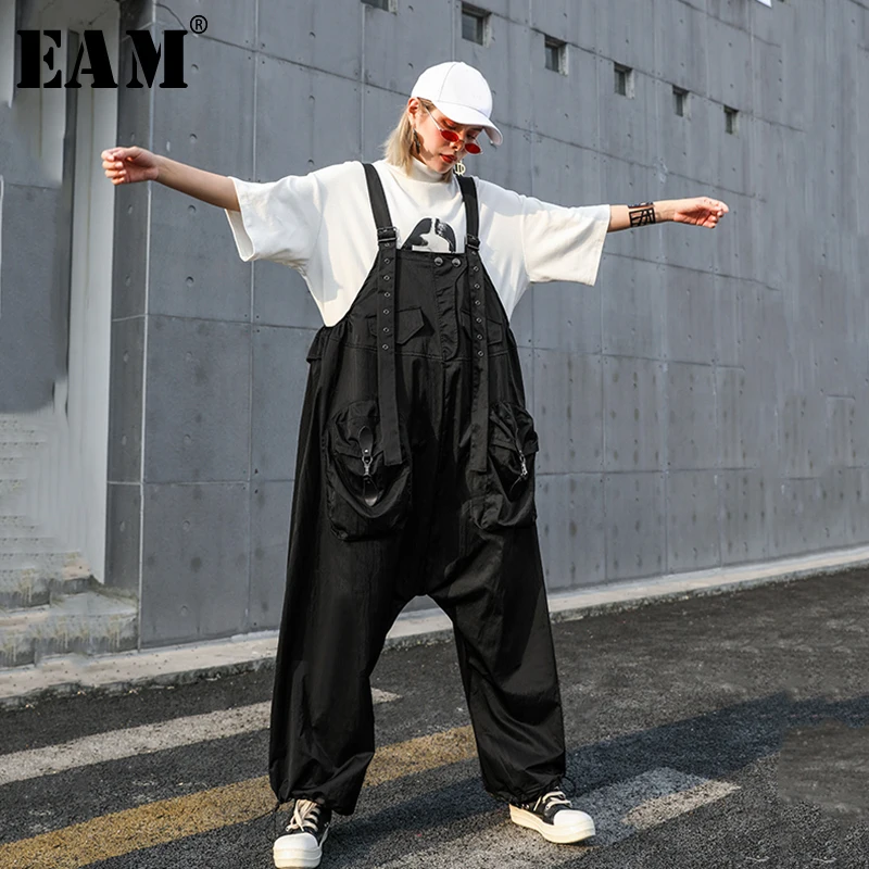 [EAM] Высокая талия черные длинные широкие брюки большие комбинезоны с карманами новые свободные брюки женские модные весенне-осенние 2019 1B290