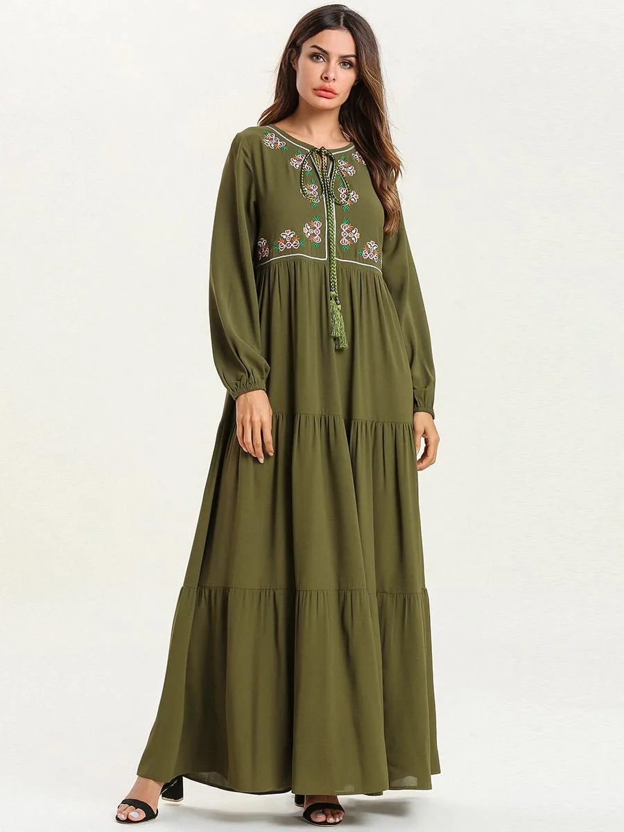 Мусульманская абайя для женщин платье длинный рукав свободная вышивка длинное