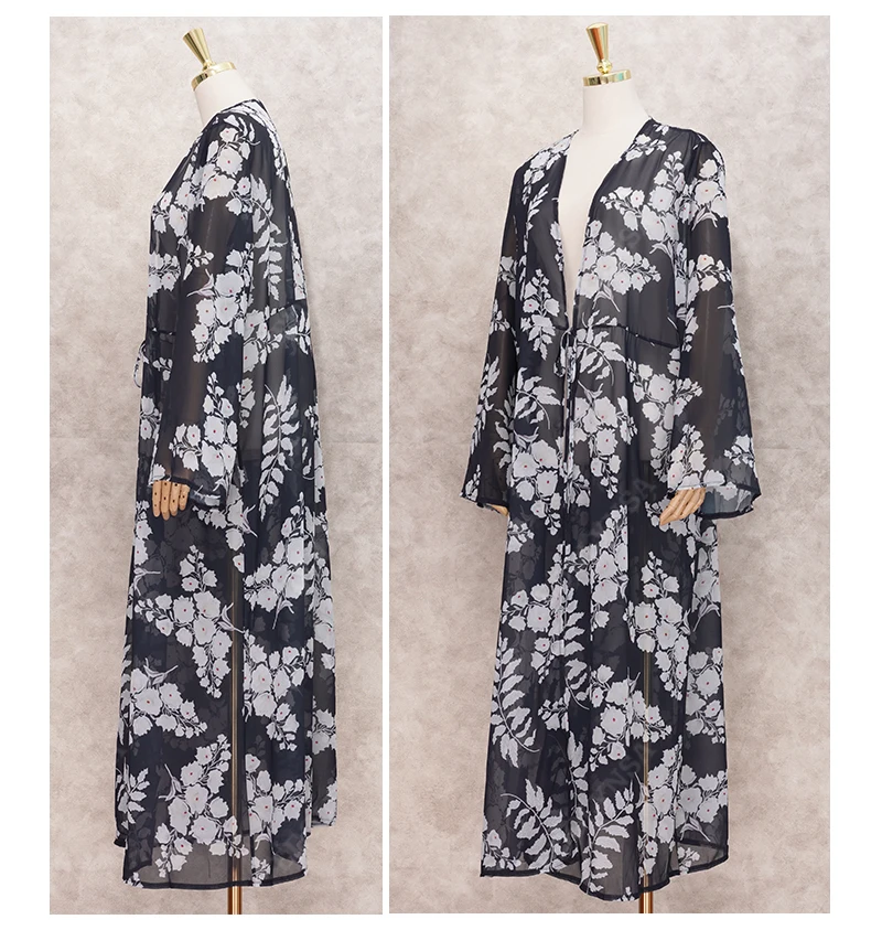 Bikini Cover-ups Boho Printed Long Kimono Cardigan Plus Size White Black Chiffon Tunic Women Beach Wear Swim Suit Cover Up A225