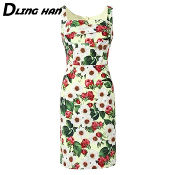 

LINGHAN Fashion Rose Floral-Print Pencil Dress Sleeveless Square Collar Ruched Slim Dresses Designer Summer Women