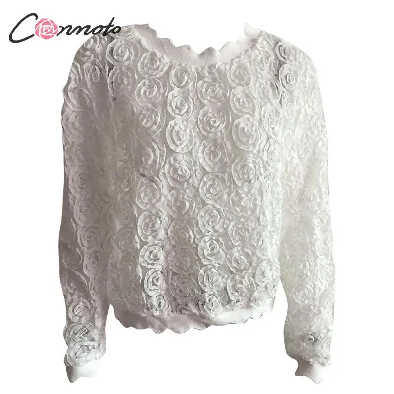 Conmoto, женская модная кружевная белая рубашка с цветами, прозрачные сетчатые женские топы, женская футболка с рукавом-фонариком размера плюс, женская блуза