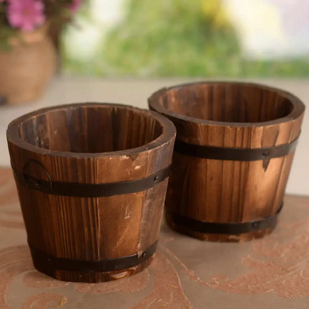 1PC Small Wooden Ornamental Rustic Small Barrel Primaries Flower Pot Flower Basket Home Decoration 10x12x9cm/3.9x4.7x3.5inch