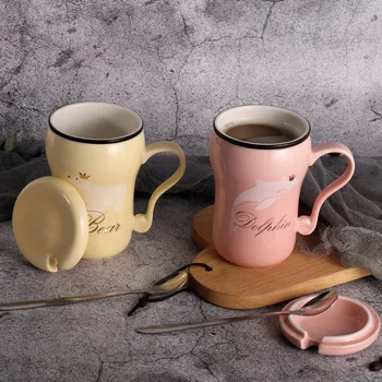

Cartoon Ceramics Coffee Mug Lovely Dolphin Pattern Milk Coffee Cups Bring Lid Spoon Europe Style Office School Drink Water Cup