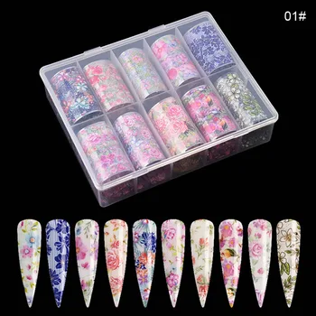 

Navida 10Rolls/Box Colorful Flowers Stickers on Nails Foil Nails Wrap Transfer Starry Sky Sliders Manicure Nail Art Decals Decor