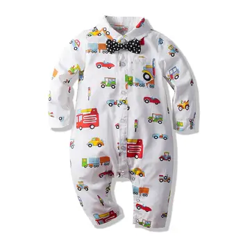 

Kimocat Spring and fall cartoon car printing gentleman's bow tie babyboy and girl romper jumpsuits