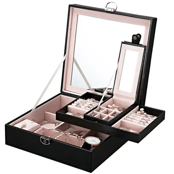 

Necklace Two Layers Multifunctional Jewelry Organizer Display Storage Box Large Capacity Earrings Home Mirror Square With Lock