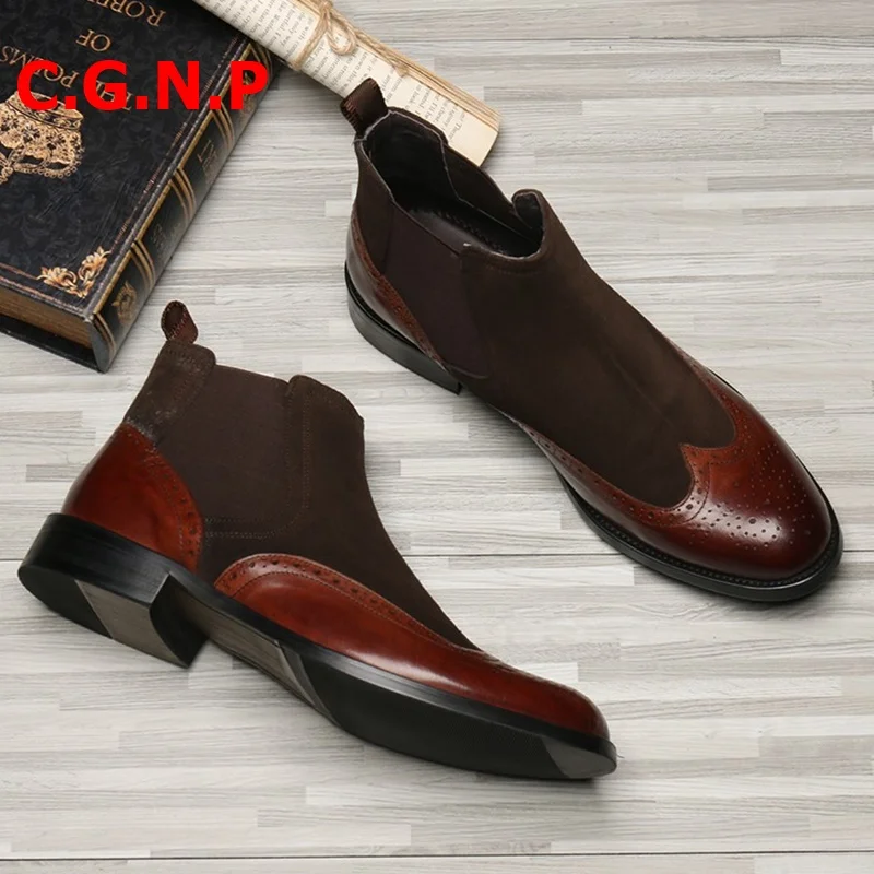 

C.G.N.P British Style Men Martin Boots Genuine Leather Patchwork Bullock Suede Boots Men chelsea boots Mens Casual Shoes