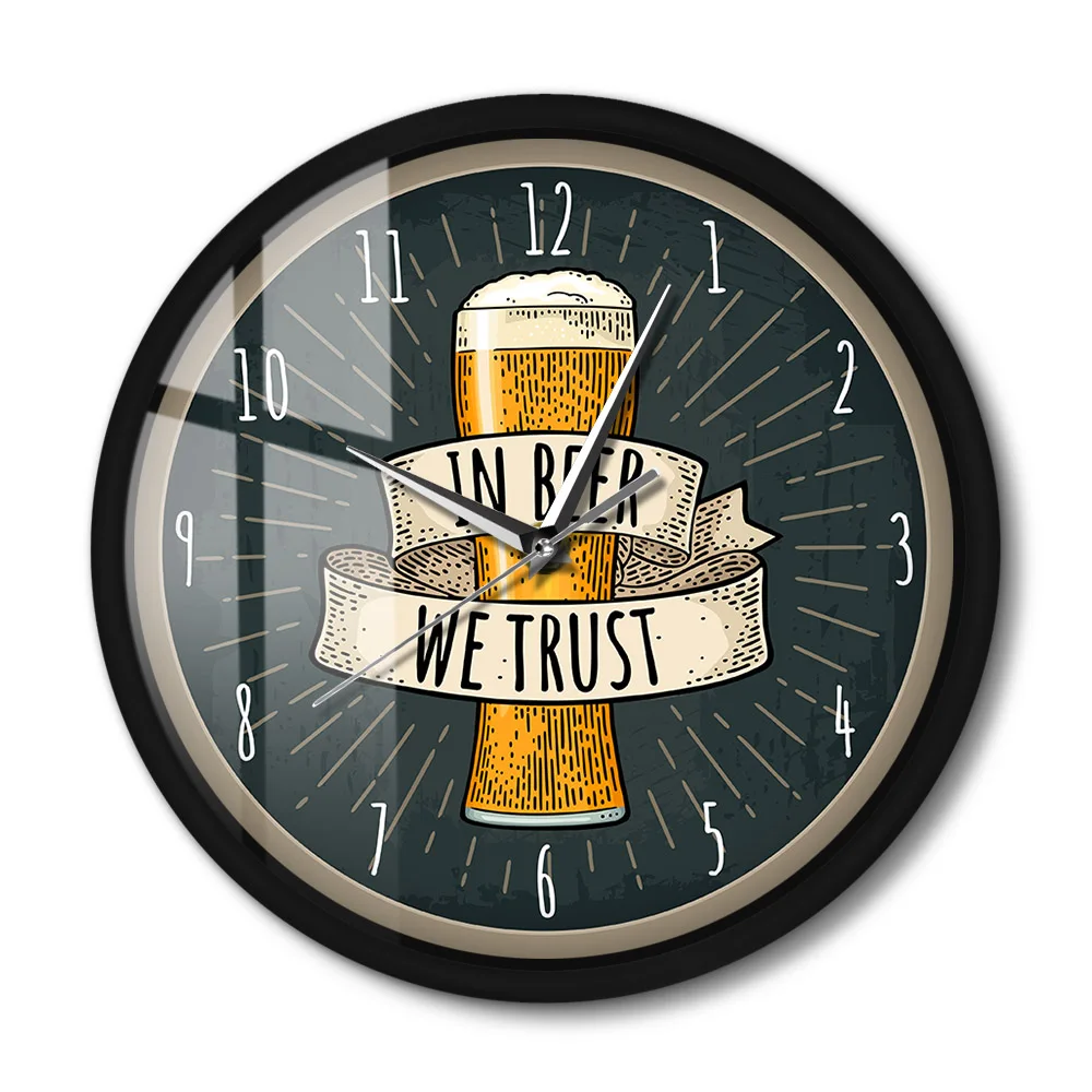 

In Beer We Trust Bar Artwork Smart Voice Control Wall Clock With LED Light Kitchen Alcohol Decor Metal Frame Round Clock Watch