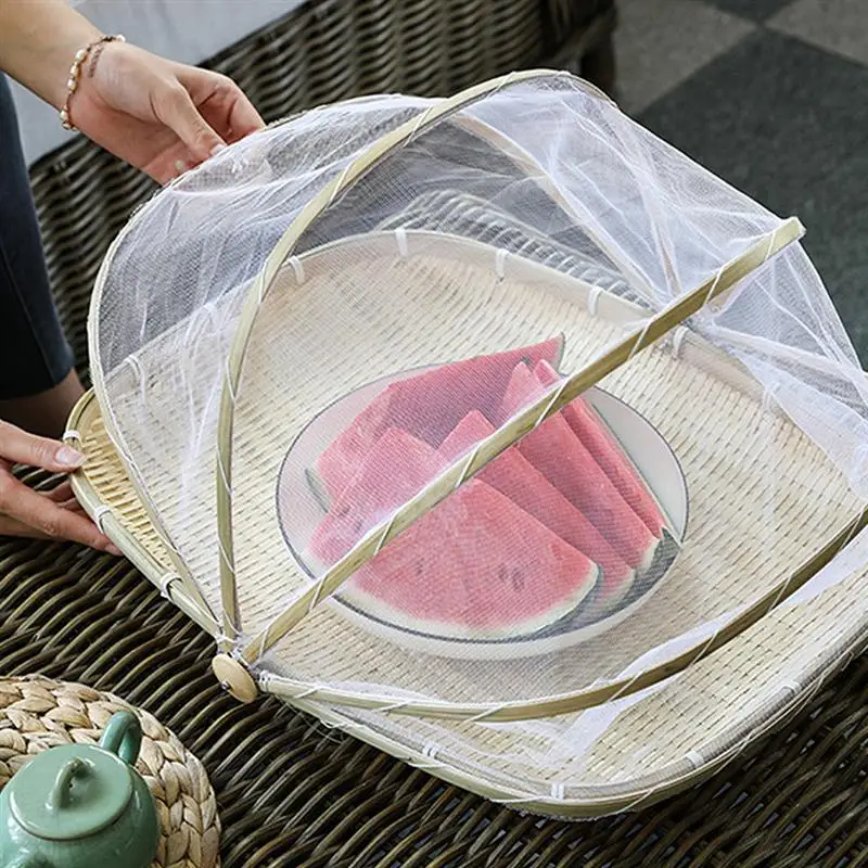 Handmade Wicker Basket With Gauze Bamboo Tray Fruit Vegetable Storage For Kitchen Picnic Food Dust-Protection |