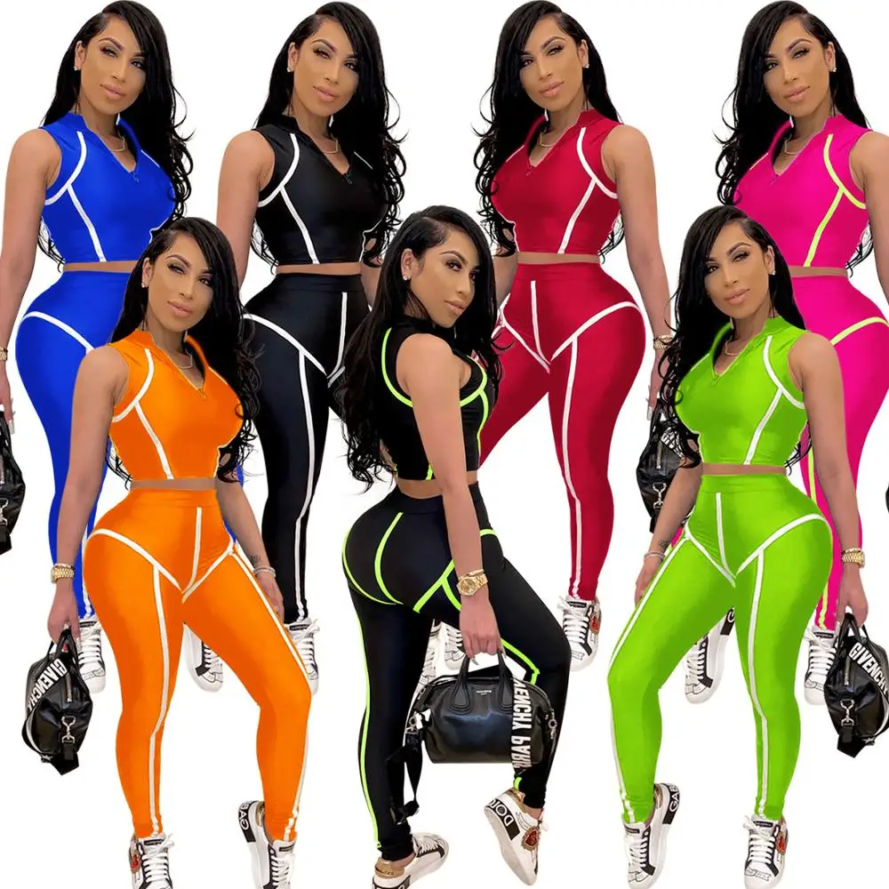 

Stripe Patchwork Two Piece Set Women Clothing Jogging Femme Sleeveless Vest Crop Top Pants Leggings Bodycon Outfits 2020