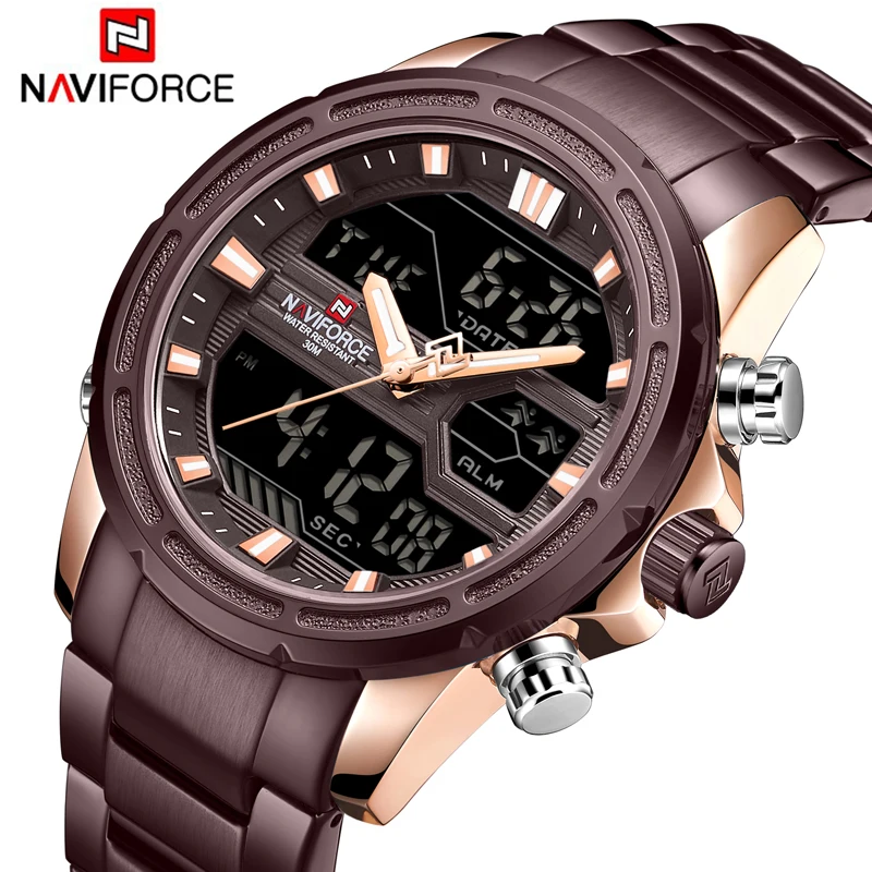 NAVIFORCE мужские спортивные часы мужские кварцевые светодиодный цифровые часы мужские роскошные брендовые полностью стальные военные наручные часы Relogio Masculino