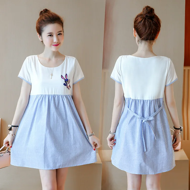 

New Style Korean-style Maternity Clothes Stripes Joint Fashion Printed Nursing Loose-Fit Mid-length Short Sleeve Maternity Dress