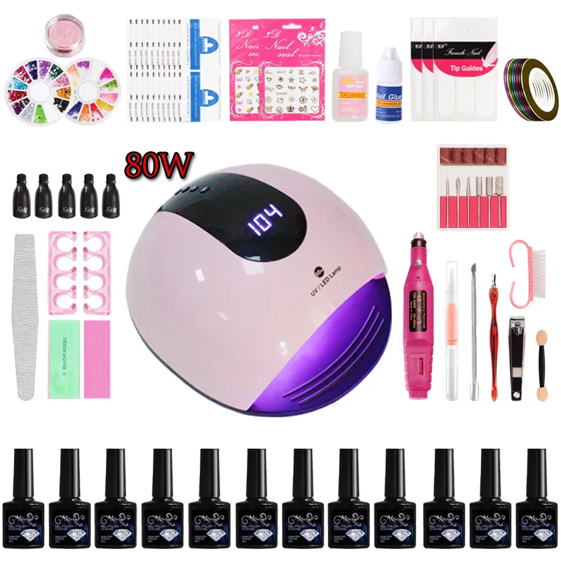 Профессиональный акриловый набор для наращивания ногтей, 10 цветов, набор гель-лаков для ногтей с УФ лампой 36 Вт/80 Вт, сверлильный станок для ногтей, инструменты для дизайна