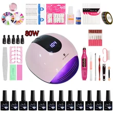 Профессиональный акриловый набор для наращивания ногтей, 10 цветов, набор гель-лаков для ногтей с УФ лампой 36 Вт/80 Вт, сверлильный станок для ногтей, инструменты для дизайна