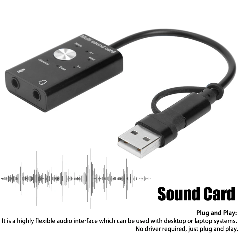 Computer Portabe Headphone 3D Sound Card Antimagnetic USB2 0 Type C External Audio Adapter For Laptop PC Virtual 7 1 Stereo