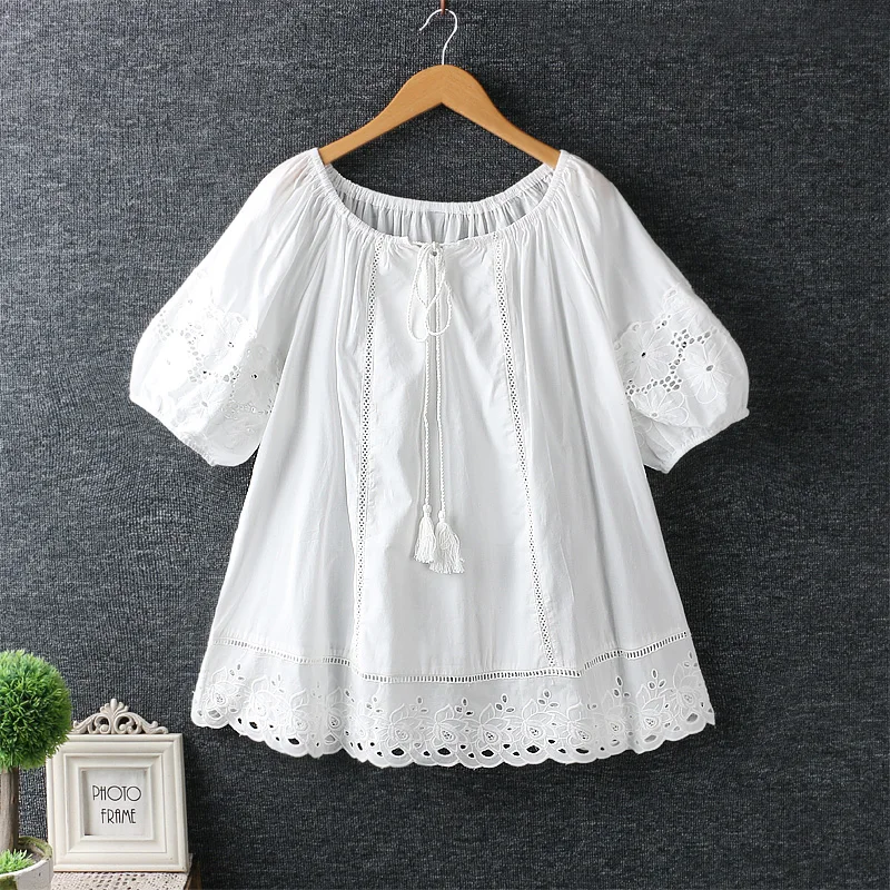 2019 summer new women fresh drawstring O-Neck hollow out embroidery shirt female loose casual short sleeve blouse tops 4