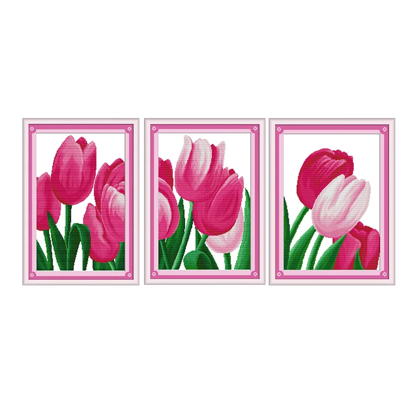 

Joy Sunday Pink Tulip Counted Printed on Canvas Cross Stitch Kits 11CT14CT Flora Paintings Embroider Kitsl DIY Needlework Sets