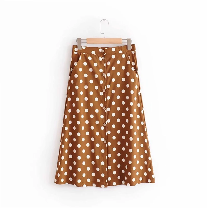 

2020 Summer Women Polka Dot Print Skirt With Belt Button High Waist Loose Midi Skirt Female Beach Skirts Lady Jupe Femme