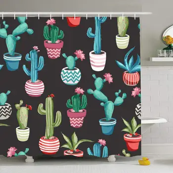 

Shower Curtain Set with Hooks 66x72 Element Cacti Flower Hipster Pattern in Graphic with Cactus Pink Watercolor Nature Textures