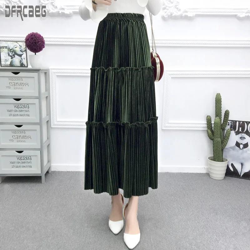 

2019 New Autumn Women Medium length Velvet Pleated Skirt Winter Black Casual Splice Ladies Long Skirt Elastic Waist Skirt Femme