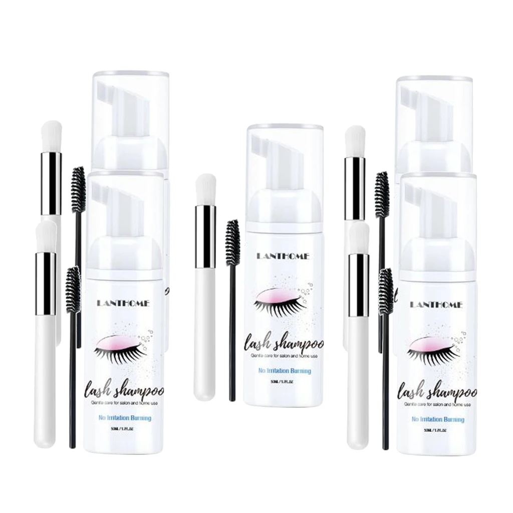 5pcs Eyelash Extension Shampoo 50ml Salon Mousse Foam Cleanser Eyelash Extensions Brush Shampoo Kit Eye Lash Cleaning Foam