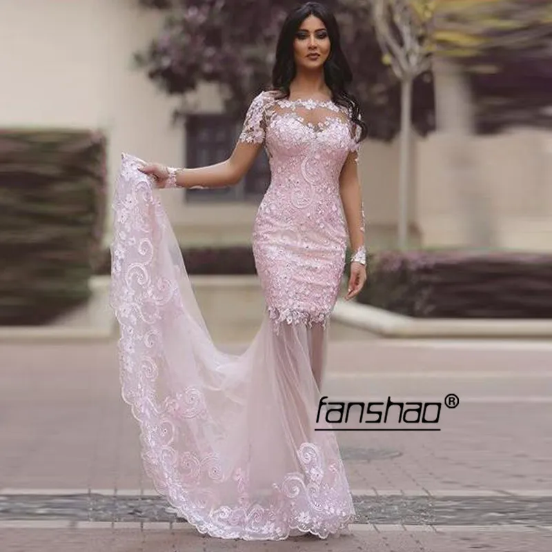 

Pink Evening Dress Mermaid Applique Full sleeve Special Occasion Dubai Saudi Arabic Evening Gown Prom Dress abendkleider