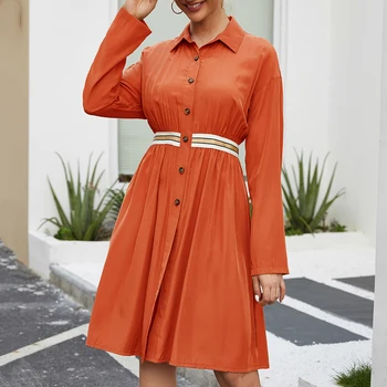 

2019 solid Button Design Shirt Dress Women Spring Casual Ladies Long Sleeve Mini Dresses Orange Vestidos Ropa