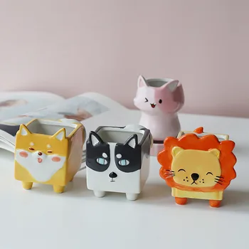 

Super Cute Animal Ceramic Flowerpot Little Lion Shiba Inu Kitten Gardening Desktop Succulent Planting Pot Decoration Ornaments