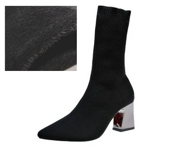 JIANBUDAN/женские пикантные сапоги-носки на высоком каблуке осенне-зимние модные вязаные растягивающиеся сапоги женские черные ботильоны 34-43 - Цвет: black Cotton Added