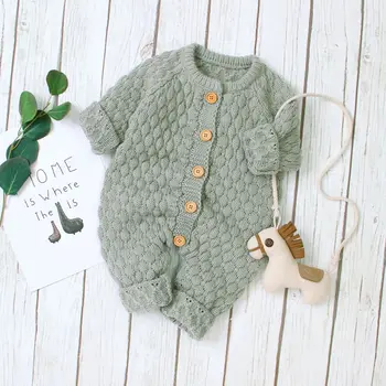 

Autumn Winter Infant Baby Rompers Boys Girls Long Sleeve Acrylic O-Neck Solid Color Rompers Knitted Jumpsuit Kids Outfits