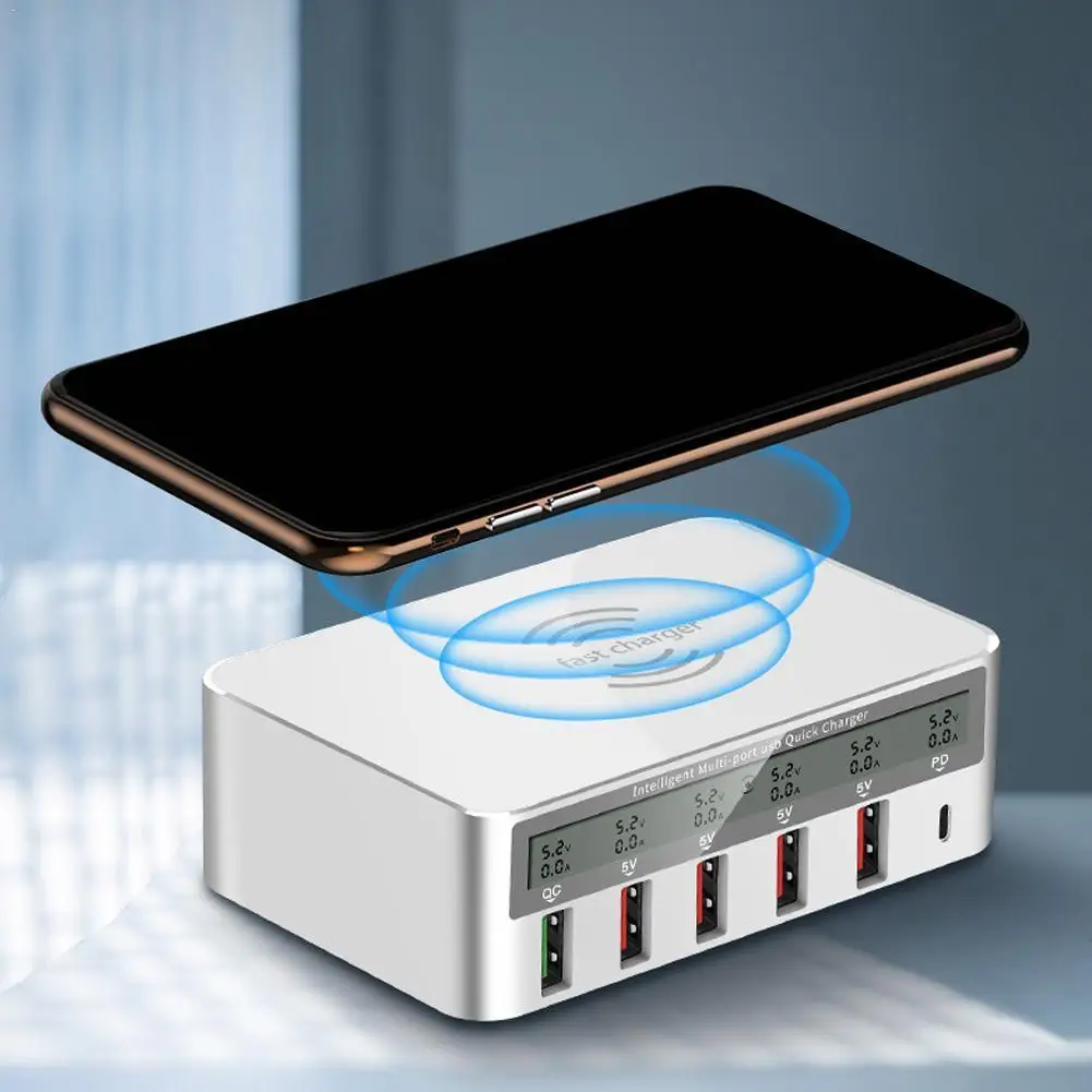 

QI Wireless Charger Holder For iPhone Samsung USB Station 5 QC3.0 LCD Type-c USB Display Charge Charger For Smartphone Fast P6T1