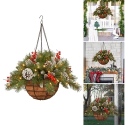 Cesta colgante de Navidad Artificial, flocado con decoraciones mezcladas y luces LED blancas, adorno colgante, decoración de Navidad C1