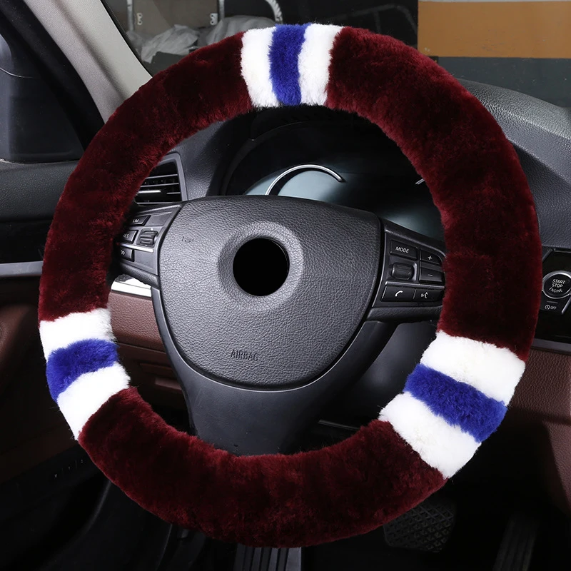 Wool True Leather Car Steering Wheel Cover Fit For 36-42 CM 14.2"-16.5" Braid on Steering-Wheel Auto Carpet Winter Warm Soft - Название цвета: Type 3