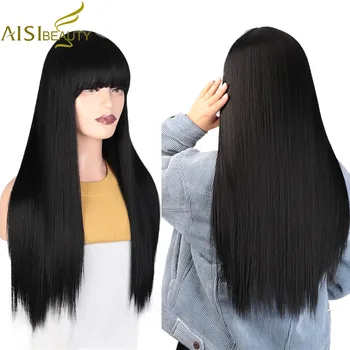 

AISIBEAUTY Women's Wig with Bangs Synthetic Wig Long Straight Wigs Heat Resistant Fiber Hair Red/Black/Blonde Natural hair