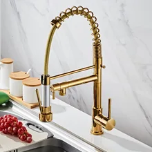 Premium 100% copper high pressure Pull spring kitchen faucet hot and cold double drain water sink gold swivel faucet