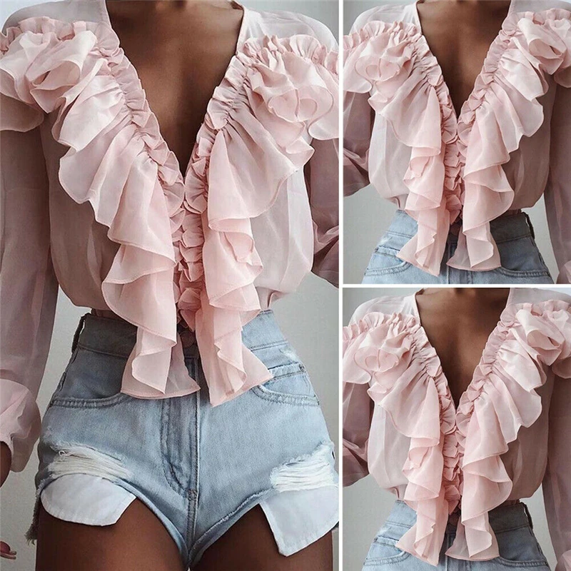 Весенне-летняя шифоновая блузка с оборками Топы женские повседневные однотонные розовые рубашки с v-образным вырезом Топы с длинными рукавами Blusas женские