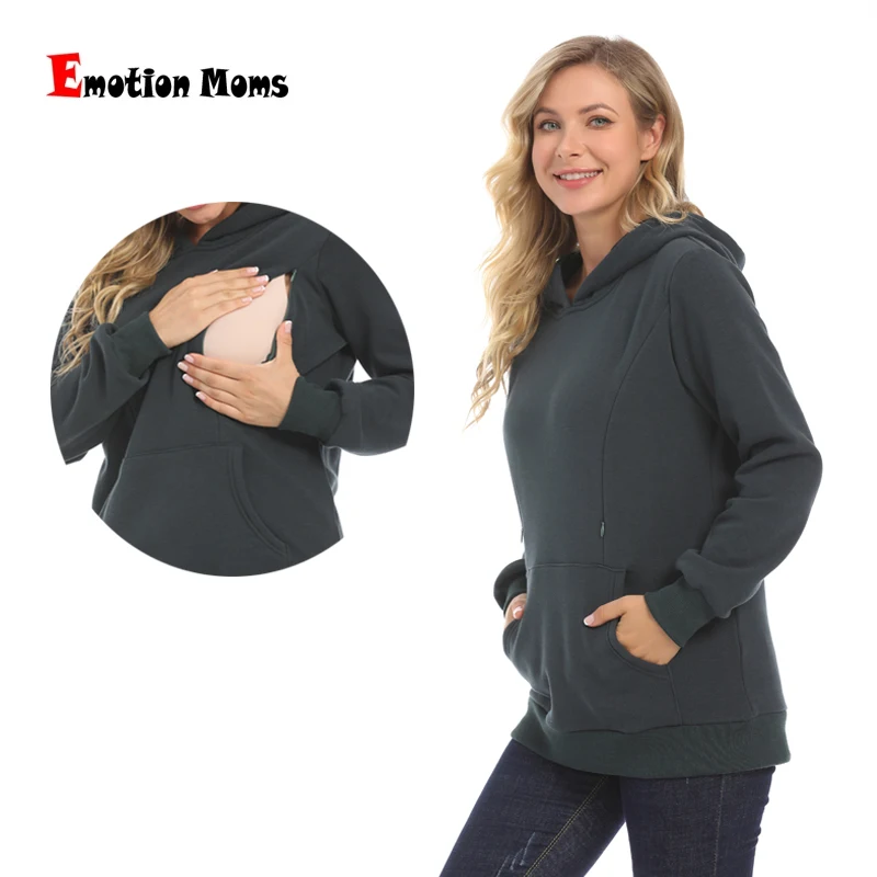 Emotion Moms Winter Maternity Hoodie Breastfeeding Clothes Warm Fleece Pregnant Sweater Zipper