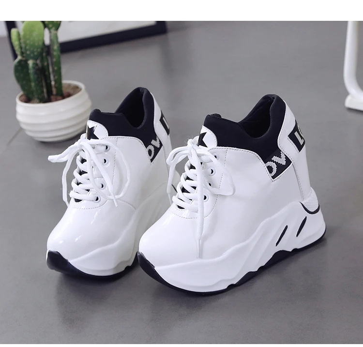 Autumn Woman Platform Shoes Wedge Heel 12 CM Casual Shoes Height Increasing White Black Sneakers Women Leather Shoes New 2020