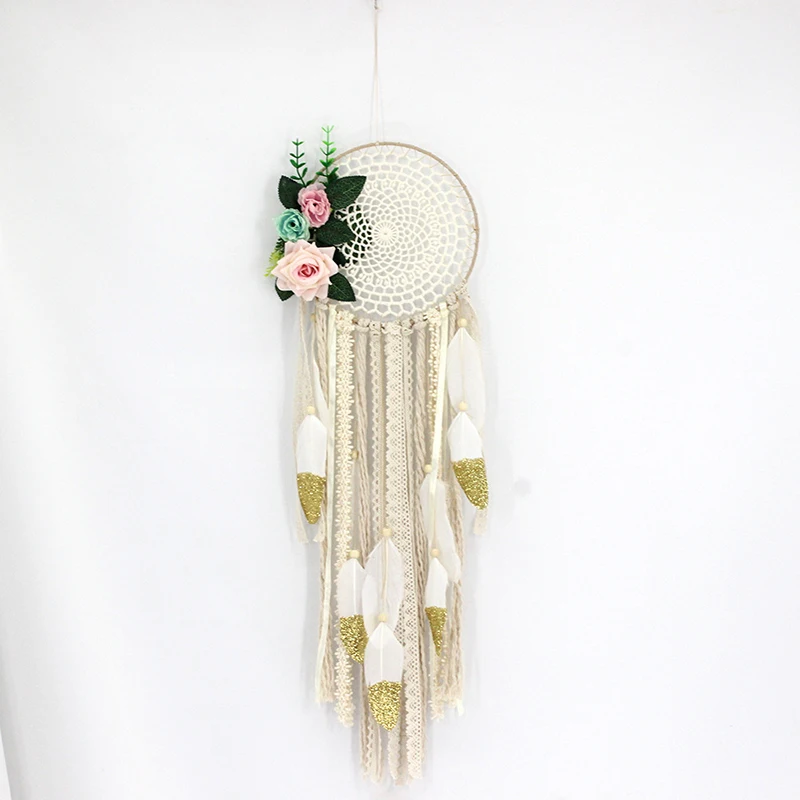 

Boho Ribbon Vintage Floral Pink Roses Girls Pendant Wall Hanging Ornament Decor Creative Hollow Wind Chimes
