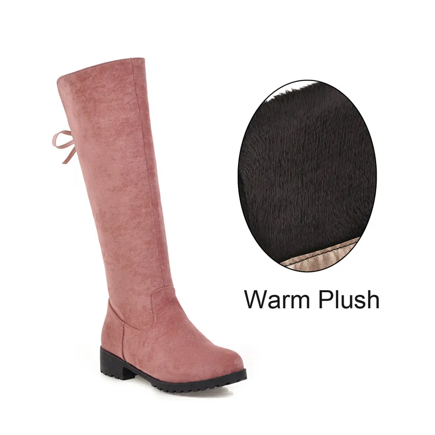 Pink Warm Plush Зимние женские сапоги до колена из плюша; цвет черный, красная бабочка; растягивающиеся сапоги из флока на низком квадратном каблуке; повседневные офисные женские сапоги на молнии; высокие сапоги на платформе - Цвет: Pink Warm Plush