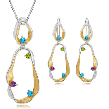 

Natural Topaz Peridot Amethyst Jewelry Set For Women 3pcs/set 925 Sterling Silver Jewelry Female Handmade Pendant&Earrings Set